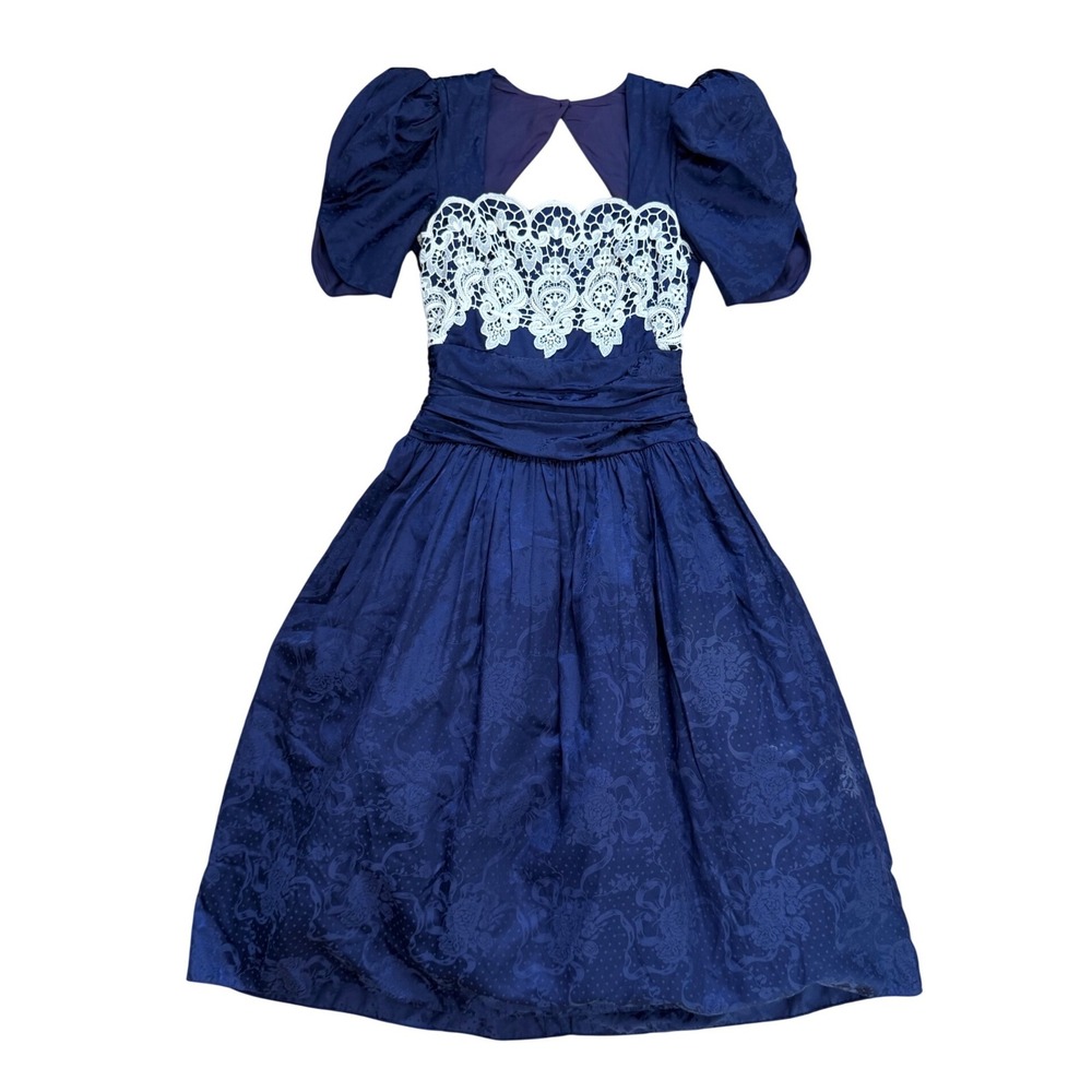 Jessica McClintock vtg Navy Blue Lace Puff Sleeve Open Back Evening Gown prairie